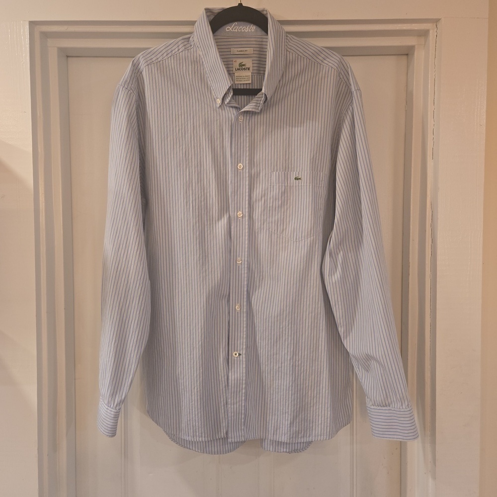 Lacoste Mens Embroidered Striped Classic Cotton Button Down Shirt Blue White XXL